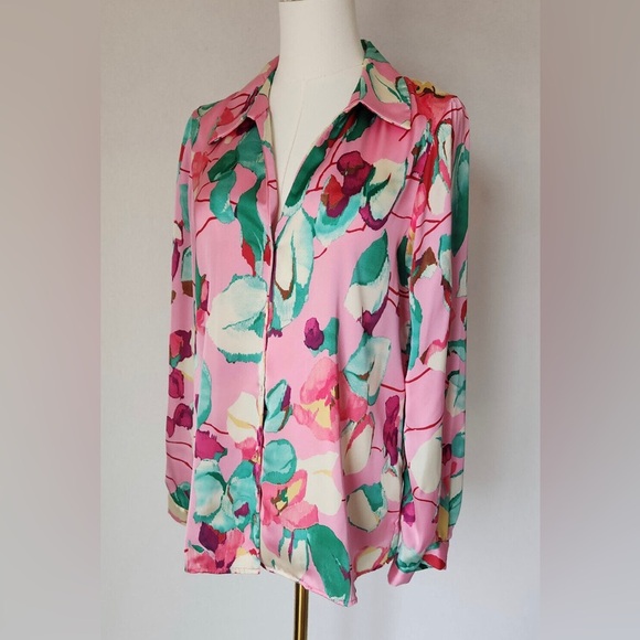 ZARA ⭐️ SATIN unique collar 👚 blouse, sz M, 🌸 🌺 pinkish combo EUC - Picture 5 of 12